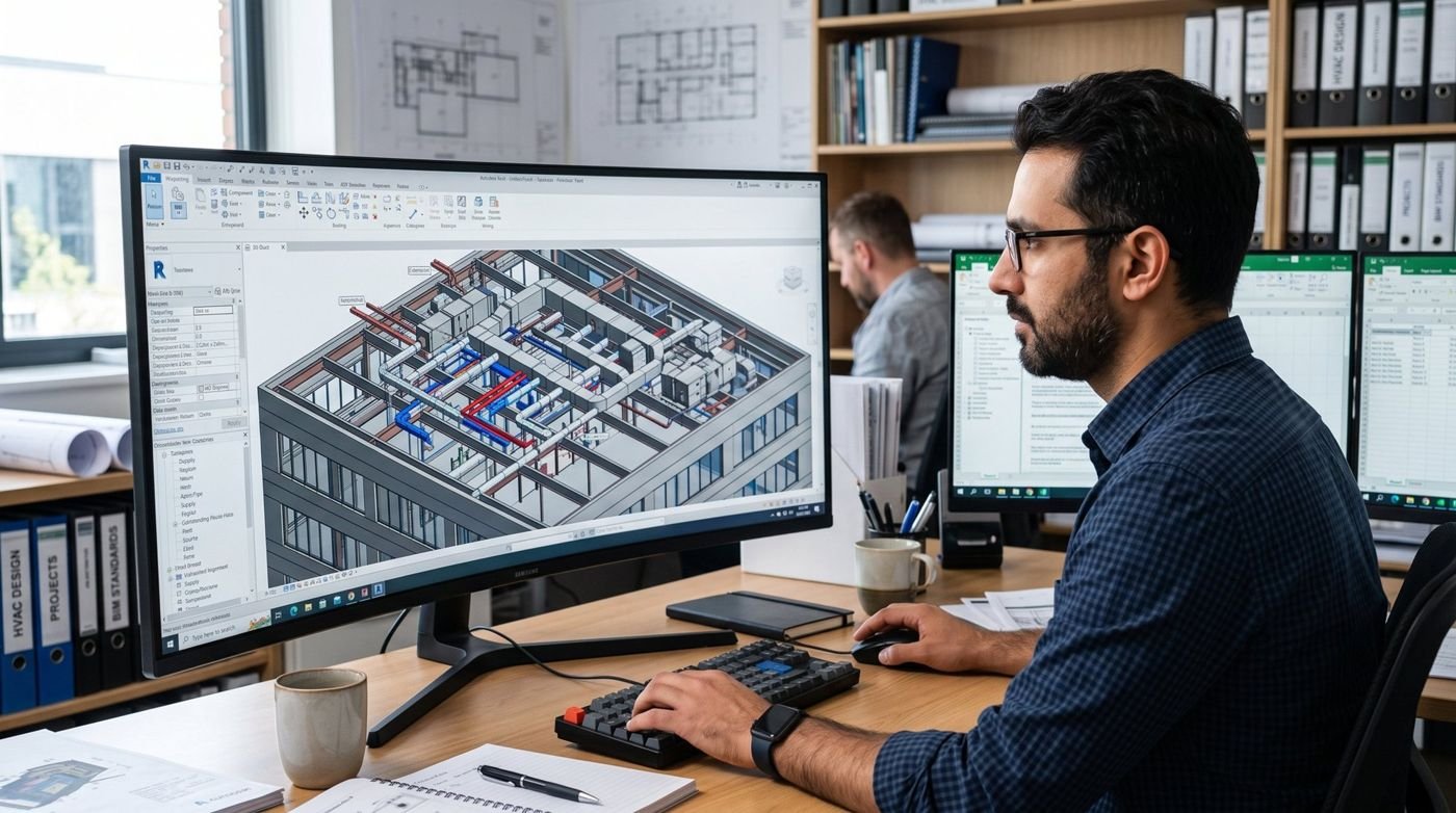 Engineer reviewing a 3D HVAC model